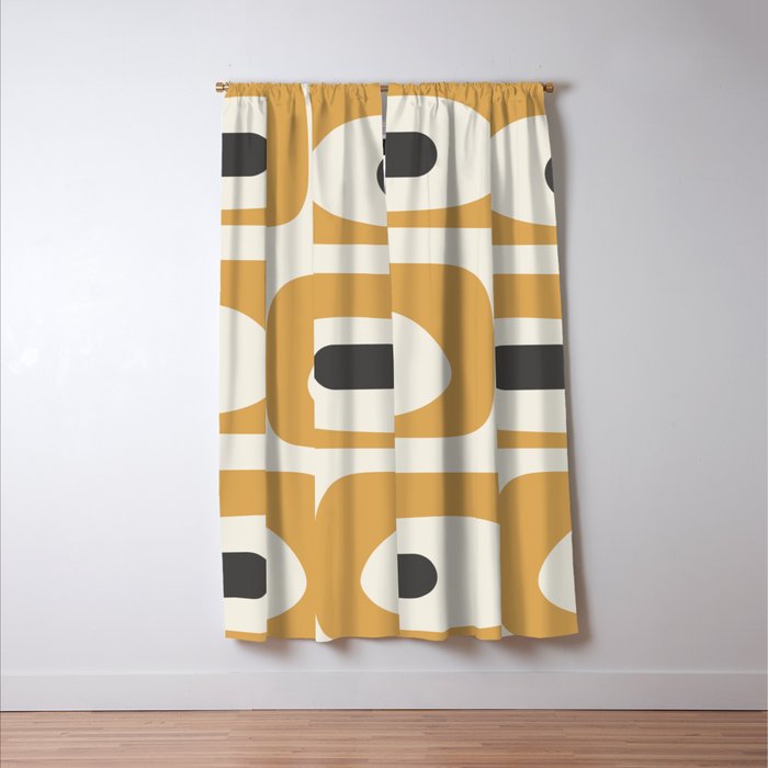 Mid Century Modern Piquet Pattern in Mustard Gold Charcoal Cream  Window Curtain Gallery Image 3