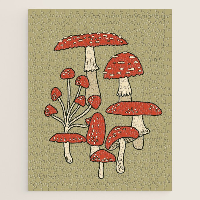 Red Cap Mushrooms on Sage Green Jigsaw Puzzle Gallery Image 1