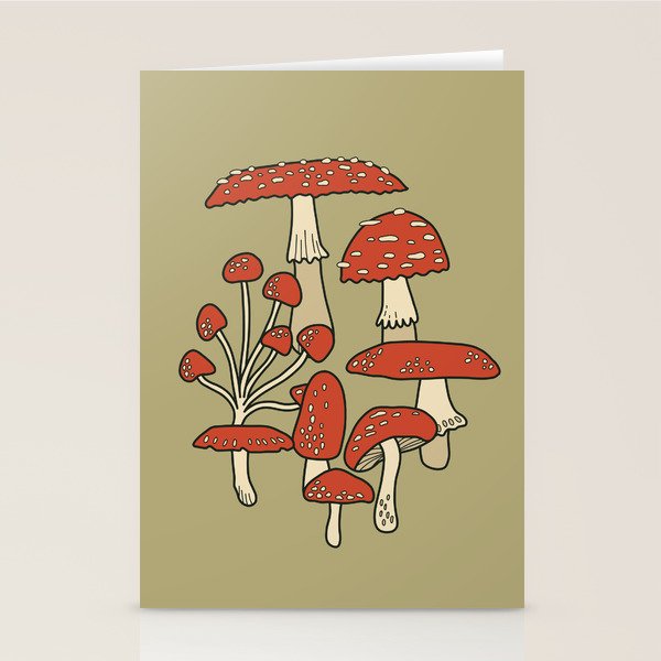 Red Cap Mushrooms on Sage Green Stationery Card Gallery Image 1