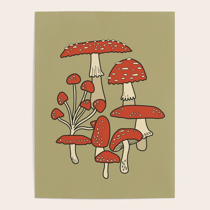 Red Cap Mushrooms on Sage Green Poster Gallery Image 4