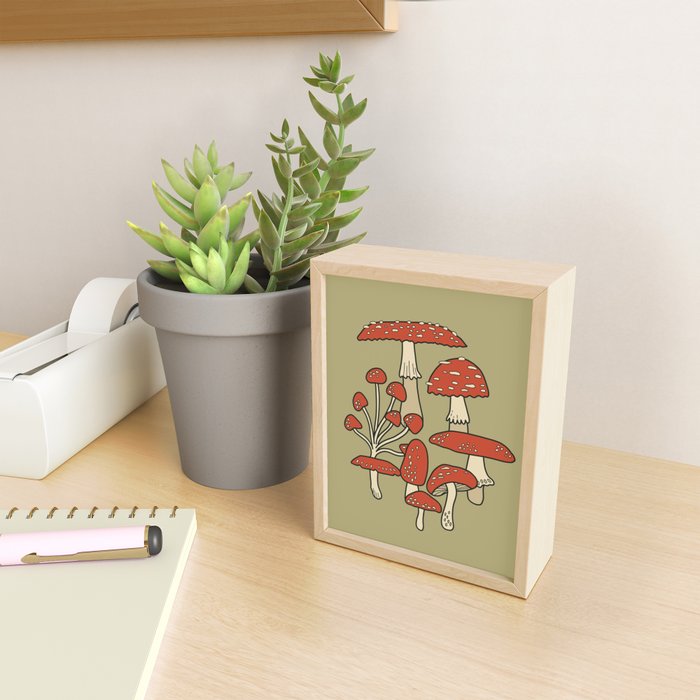 Red Cap Mushrooms on Sage Green Mini Art Print Gallery Image 2