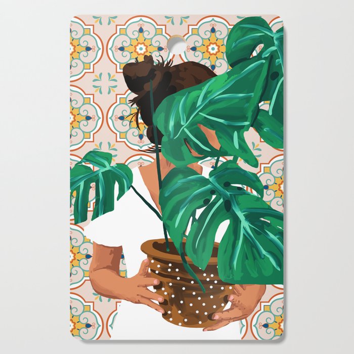 Monstera Plant Lady | Modern Bohemian Morocco Decor | Tropical Botanical Tiles Cutting Board Gallery Image 1