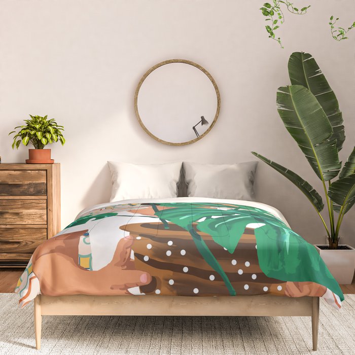 Monstera Plant Lady | Modern Bohemian Morocco Decor | Tropical Botanical Tiles Comforter Gallery Image 3