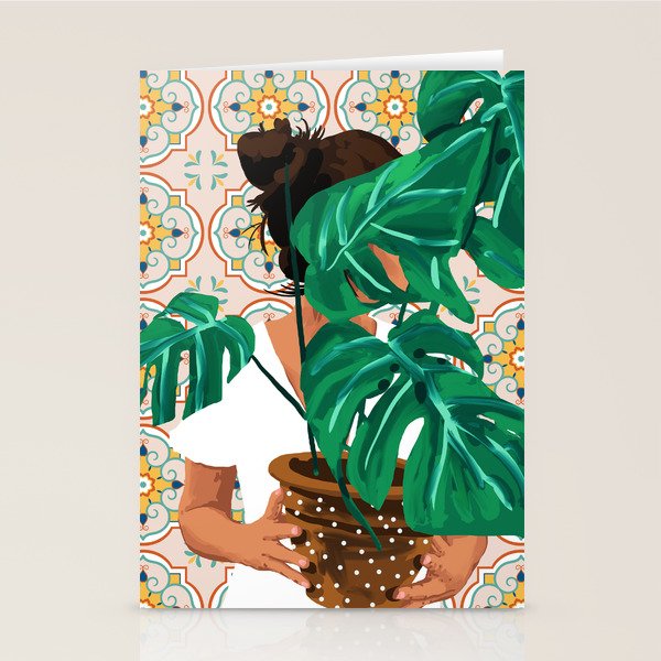 Monstera Plant Lady | Modern Bohemian Morocco Decor | Tropical Botanical Tiles Stationery Card Gallery Image 2