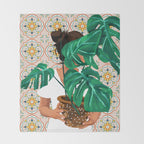 Monstera Plant Lady | Modern Bohemian Morocco Decor | Tropical Botanical Tiles Throw Blanket Gallery Image 2