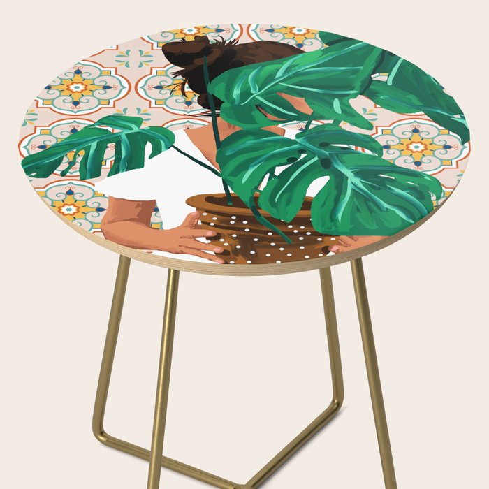 Monstera Plant Lady | Modern Bohemian Morocco Decor | Tropical Botanical Tiles Side Table Gallery Image 2