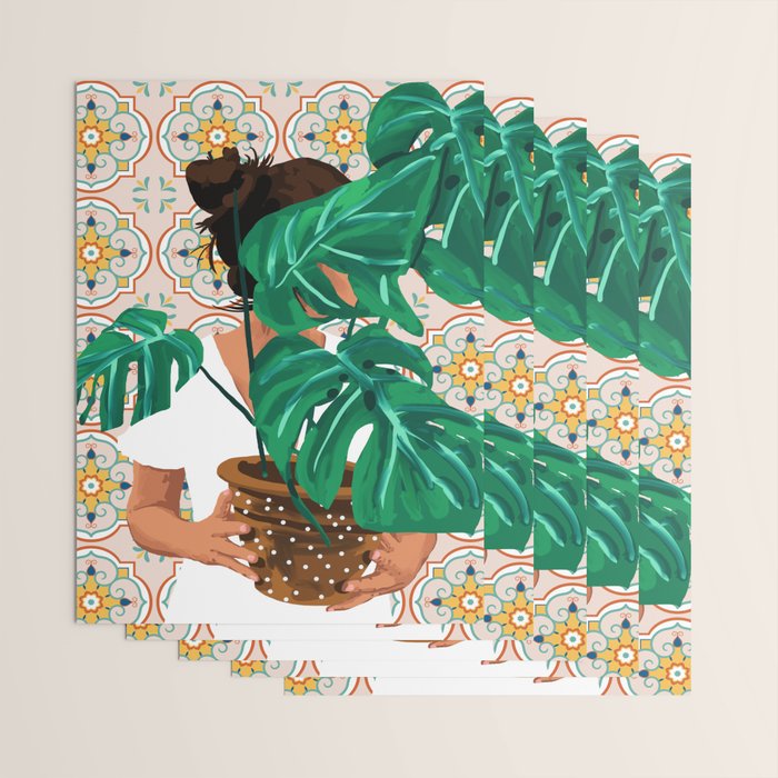 Monstera Plant Lady | Modern Bohemian Morocco Decor | Tropical Botanical Tiles Wrapping Paper Gallery Image 3