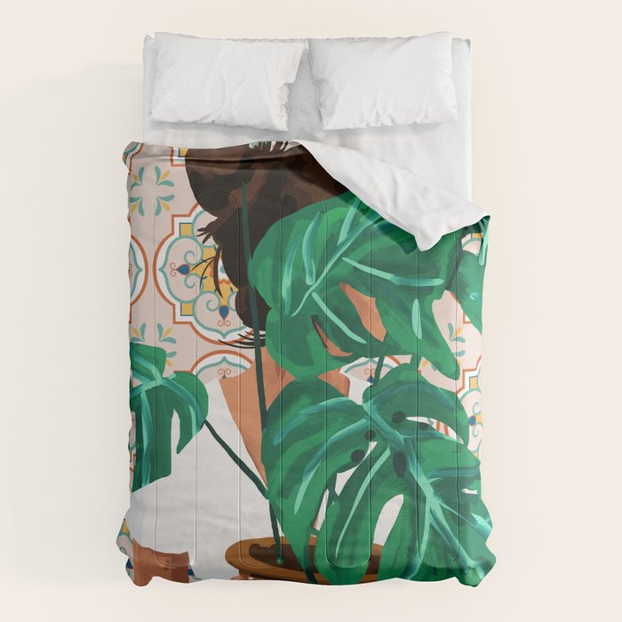Monstera Plant Lady | Modern Bohemian Morocco Decor | Tropical Botanical Tiles Comforter Gallery Image 6