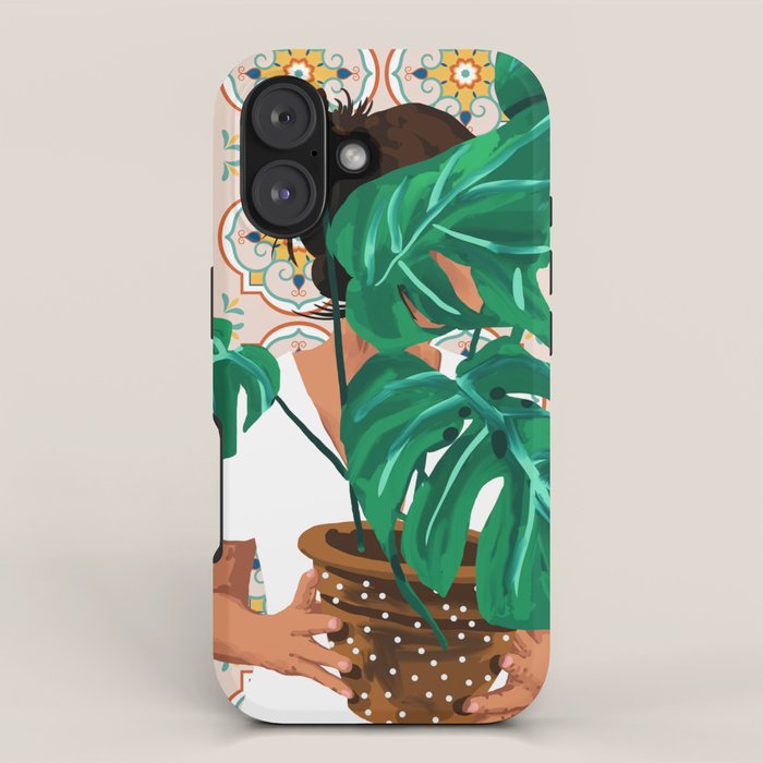 Monstera Plant Lady | Modern Bohemian Morocco Decor | Tropical Botanical Tiles iPhone Case Gallery Image 1
