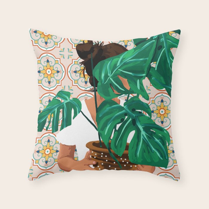 Monstera Plant Lady | Modern Bohemian Morocco Decor | Tropical Botanical Tiles Throw Pillow Gallery Image 6