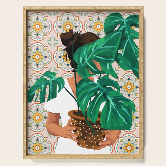 Monstera Plant Lady | Modern Bohemian Morocco Decor | Tropical Botanical Tiles Serving Tray Gallery Image 1