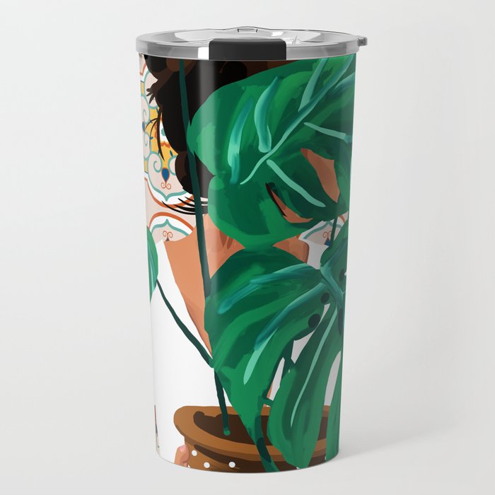 Monstera Plant Lady | Modern Bohemian Morocco Decor | Tropical Botanical Tiles Travel Mug Gallery Image 1