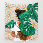 Monstera Plant Lady | Modern Bohemian Morocco Decor | Tropical Botanical Tiles Wall Tapestry Gallery Image 4