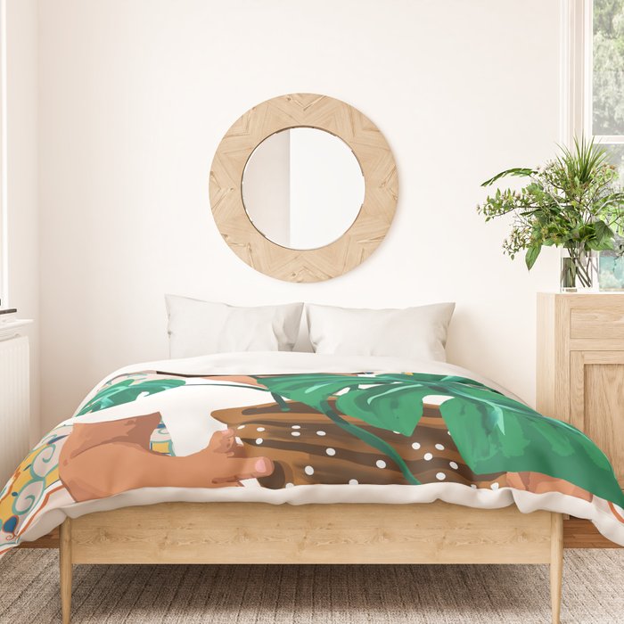 Monstera Plant Lady | Modern Bohemian Morocco Decor | Tropical Botanical Tiles Duvet Cover Gallery Image 3