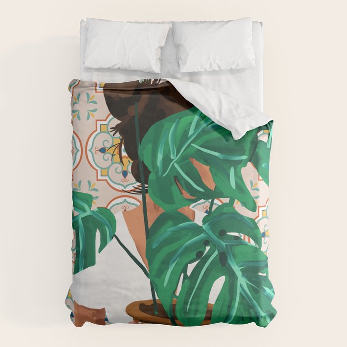 Monstera Plant Lady | Modern Bohemian Morocco Decor | Tropical Botanical Tiles Duvet Cover Gallery Image 6