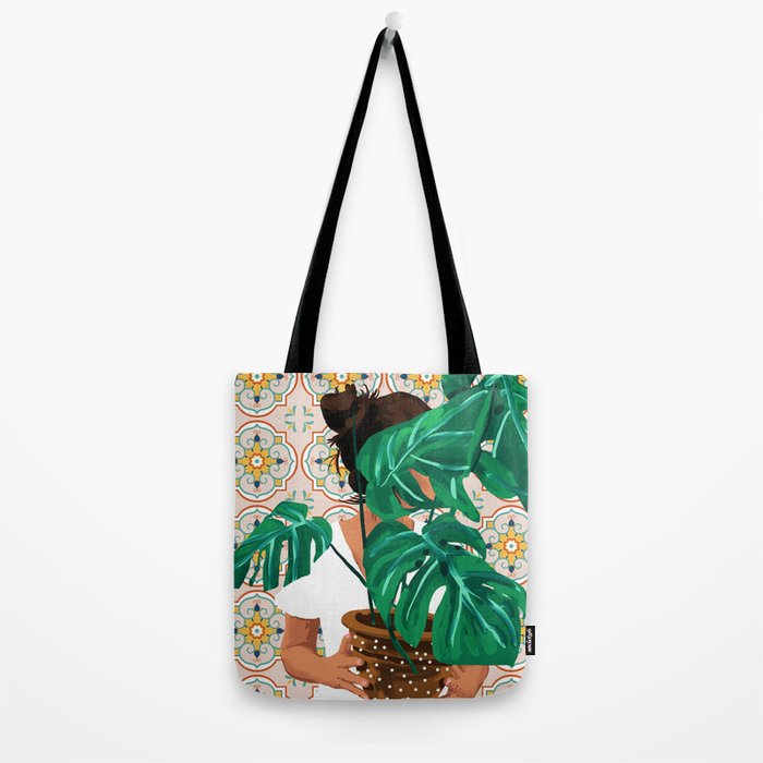 Monstera Plant Lady | Modern Bohemian Morocco Decor | Tropical Botanical Tiles Tote Bag Gallery Image 2