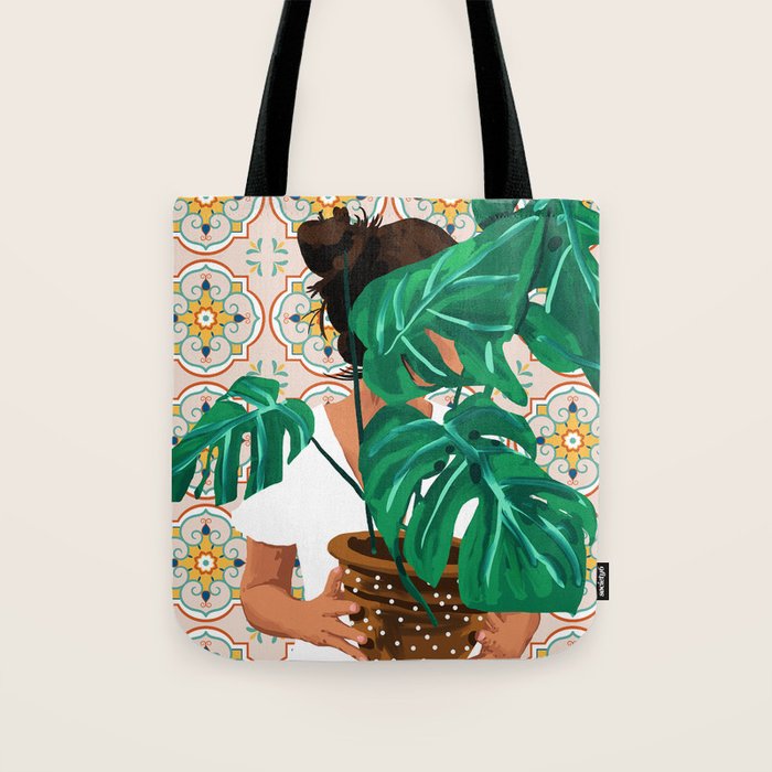 Monstera Plant Lady | Modern Bohemian Morocco Decor | Tropical Botanical Tiles Tote Bag Gallery Image 1