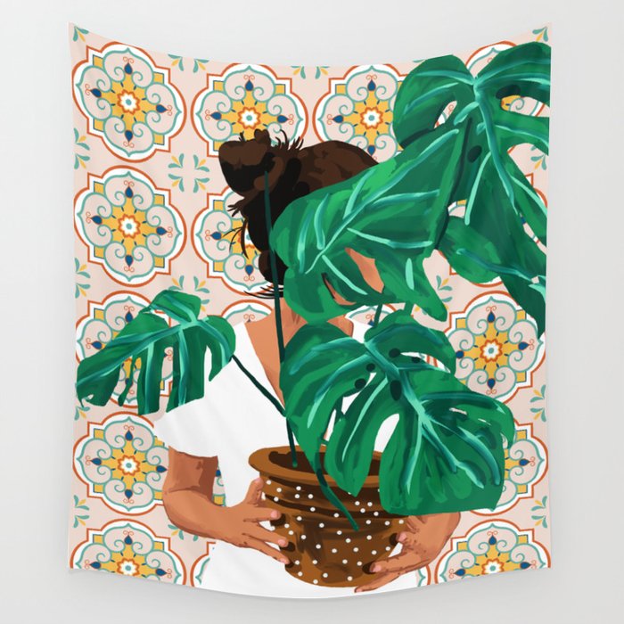 Monstera Plant Lady | Modern Bohemian Morocco Decor | Tropical Botanical Tiles Wall Tapestry Gallery Image 1