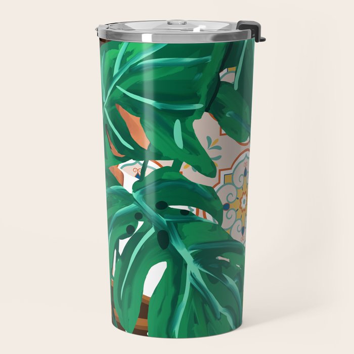Monstera Plant Lady | Modern Bohemian Morocco Decor | Tropical Botanical Tiles Travel Mug Gallery Image 2