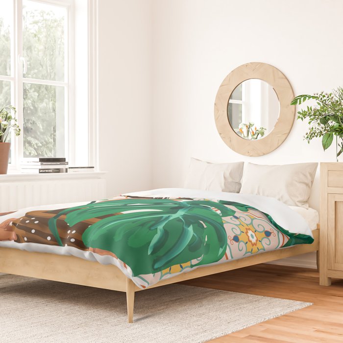 Monstera Plant Lady | Modern Bohemian Morocco Decor | Tropical Botanical Tiles Duvet Cover Gallery Image 2