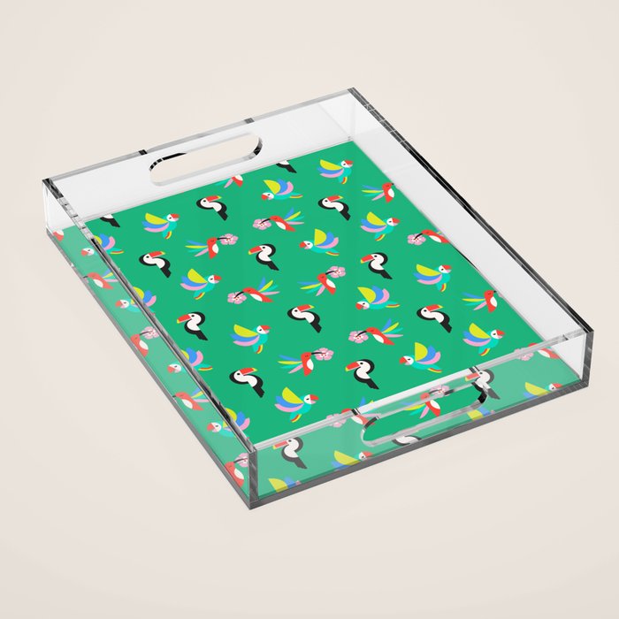 Happy Tropical Jungle Birds Toucan Hummingbird Parrot Green Acrylic Tray Gallery Image 1
