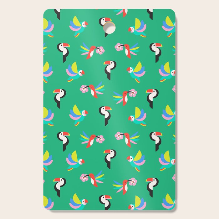 Happy Tropical Jungle Birds Toucan Hummingbird Parrot Green Cutting Board Gallery Image 1
