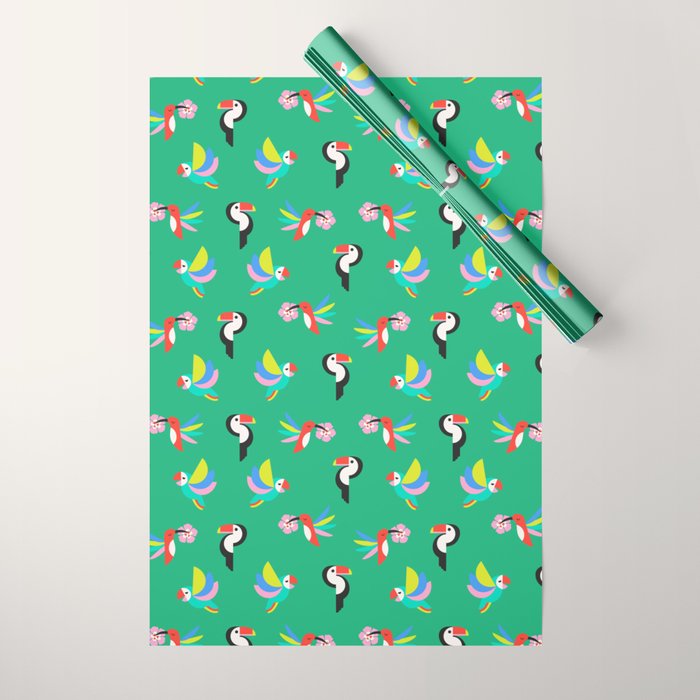 Happy Tropical Jungle Birds Toucan Hummingbird Parrot Green Wrapping Paper Gallery Image 1