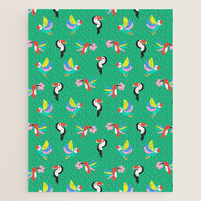 Happy Tropical Jungle Birds Toucan Hummingbird Parrot Green Jigsaw Puzzle Gallery Image 1