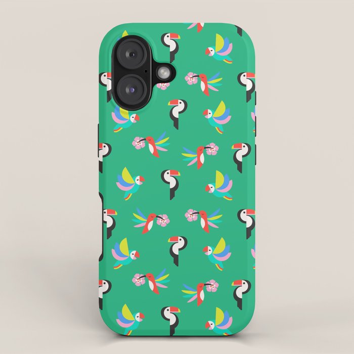 Happy Tropical Jungle Birds Toucan Hummingbird Parrot Green iPhone Case Gallery Image 1