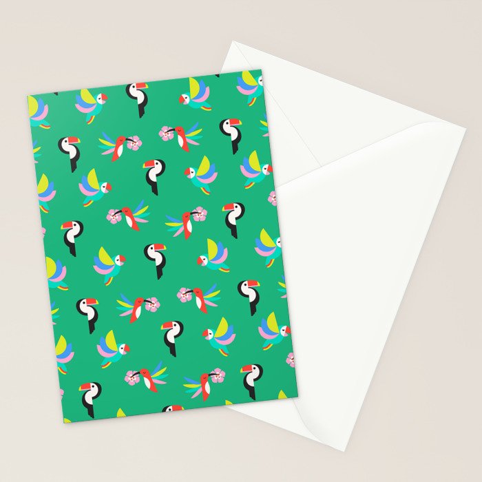 Happy Tropical Jungle Birds Toucan Hummingbird Parrot Green Stationery Card Gallery Image 2