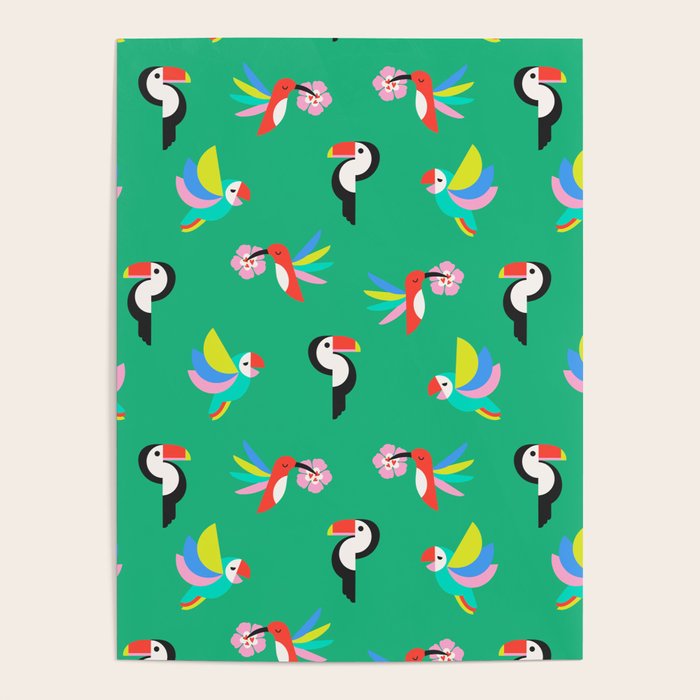 Happy Tropical Jungle Birds Toucan Hummingbird Parrot Green Poster Gallery Image 4
