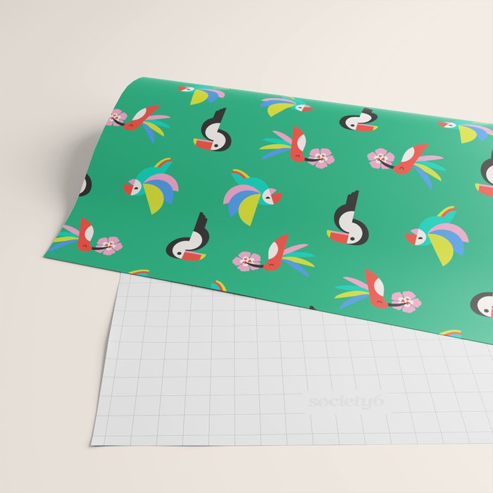 Happy Tropical Jungle Birds Toucan Hummingbird Parrot Green Wrapping Paper Gallery Image 2