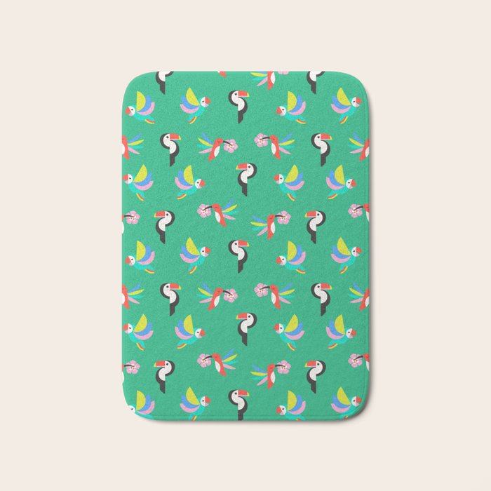Happy Tropical Jungle Birds Toucan Hummingbird Parrot Green Bath Mat Gallery Image 1