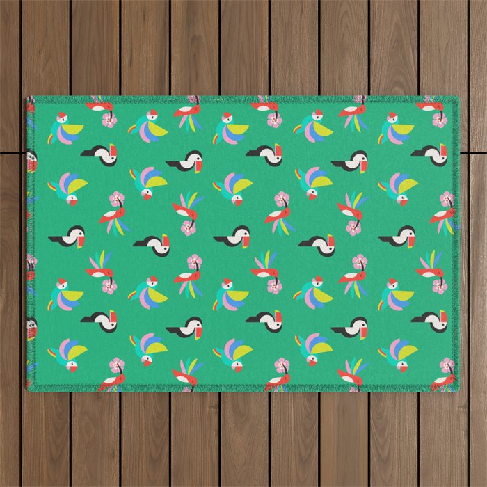 Happy Tropical Jungle Birds Toucan Hummingbird Parrot Green Outdoor Rug Gallery Image 1