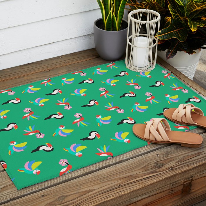 Happy Tropical Jungle Birds Toucan Hummingbird Parrot Green Outdoor Rug Gallery Image 2