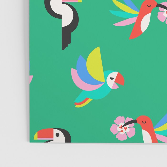 Happy Tropical Jungle Birds Toucan Hummingbird Parrot Green Poster Gallery Image 3