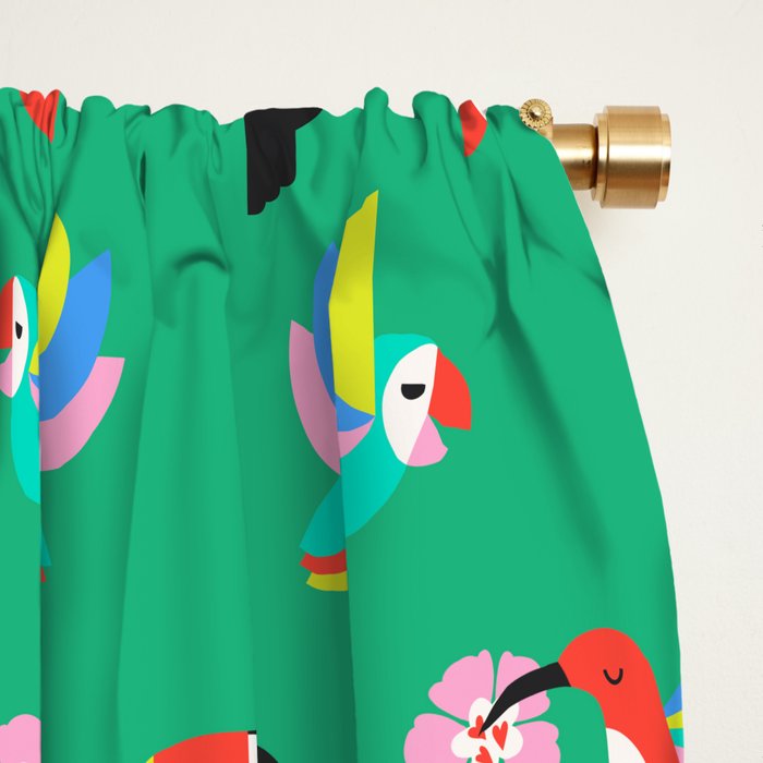 Happy Tropical Jungle Birds Toucan Hummingbird Parrot Green Window Curtain Gallery Image 2