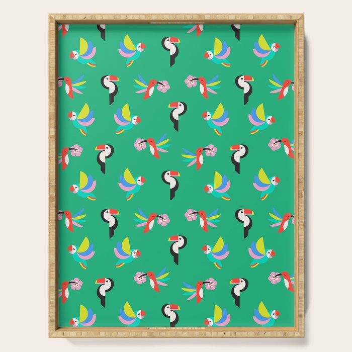 Happy Tropical Jungle Birds Toucan Hummingbird Parrot Green Serving Tray Gallery Image 1