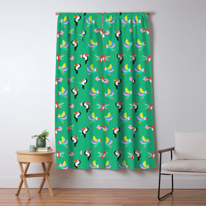 Happy Tropical Jungle Birds Toucan Hummingbird Parrot Green Window Curtain Gallery Image 1