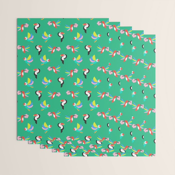 Happy Tropical Jungle Birds Toucan Hummingbird Parrot Green Wrapping Paper Gallery Image 3
