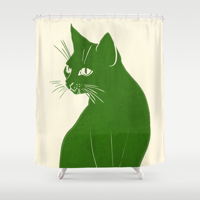 Minimalist Green Cat Shower Curtain Gallery Image 1