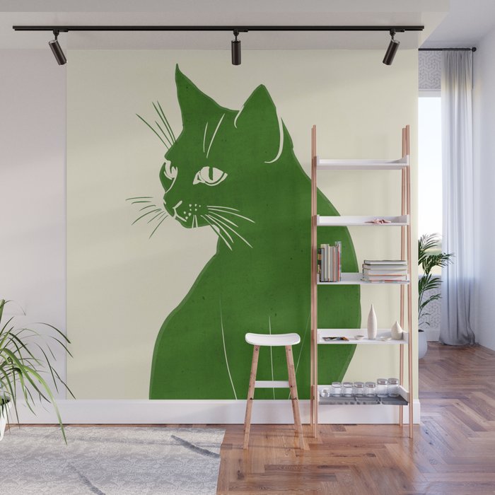 Minimalist Green Cat Wall Mural Gallery Image 1