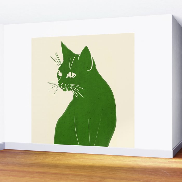 Minimalist Green Cat Wall Mural Gallery Image 2