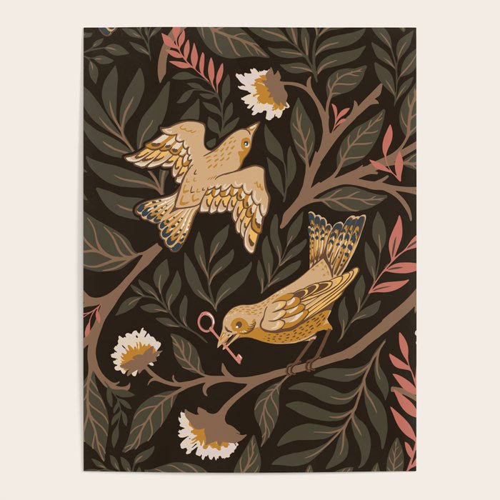 Secret Garden Spring Birds - Forest Green Poster Gallery Image 1