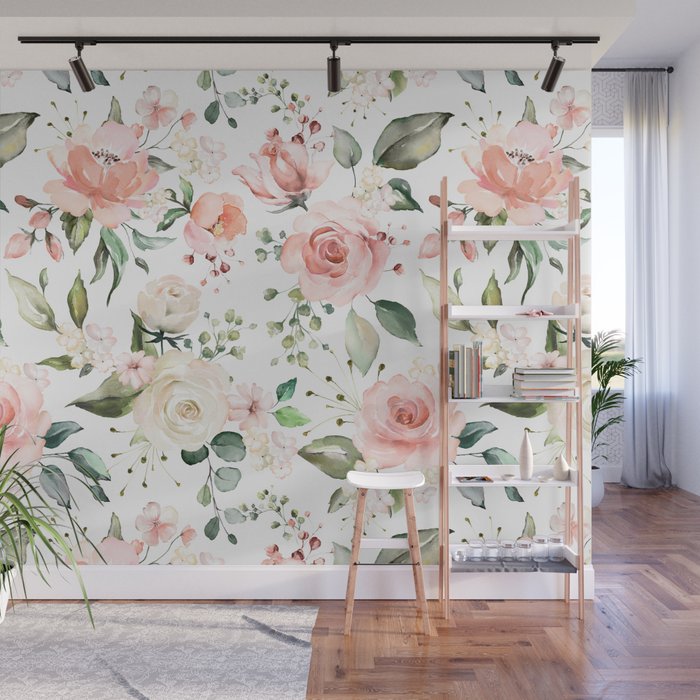 Sunny Floral Pastel Pink Watercolor Flower Pattern Wall Mural Gallery Image 1
