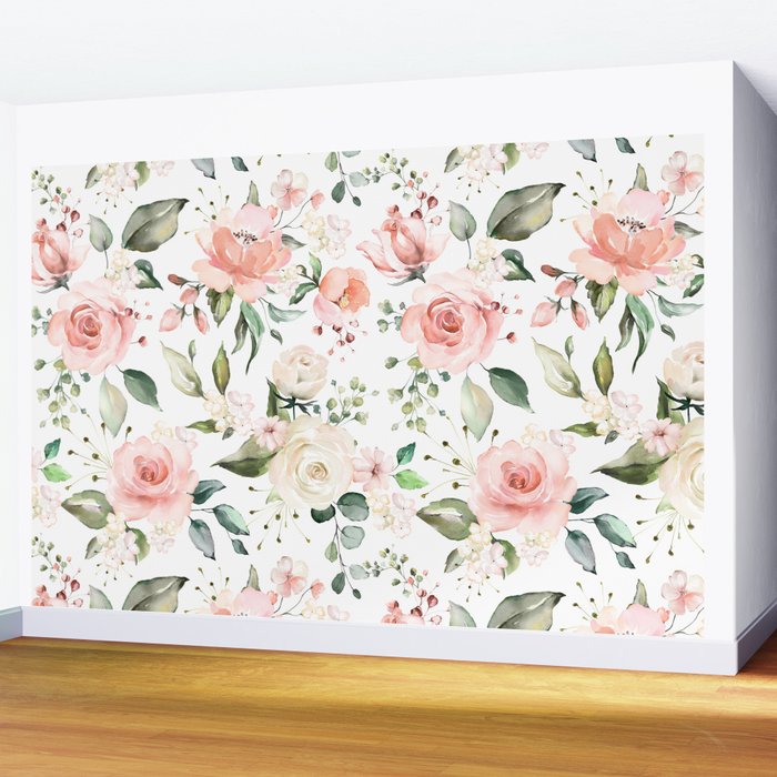 Sunny Floral Pastel Pink Watercolor Flower Pattern Wall Mural Gallery Image 2