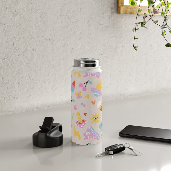 Pastel Nostalgic Doodles - Retro Teen Pattern Water Bottle Gallery Image 4