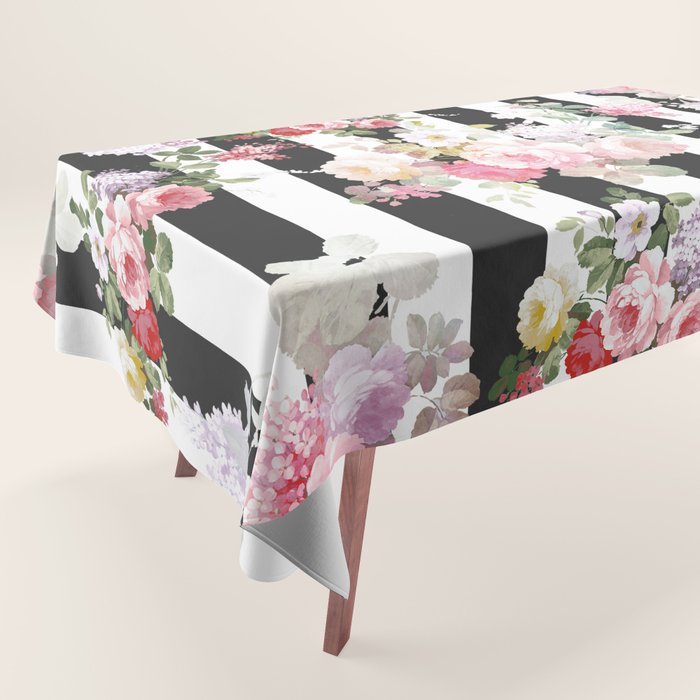Bold pink watercolor roses floral black white stripes Tablecloth Gallery Image 1