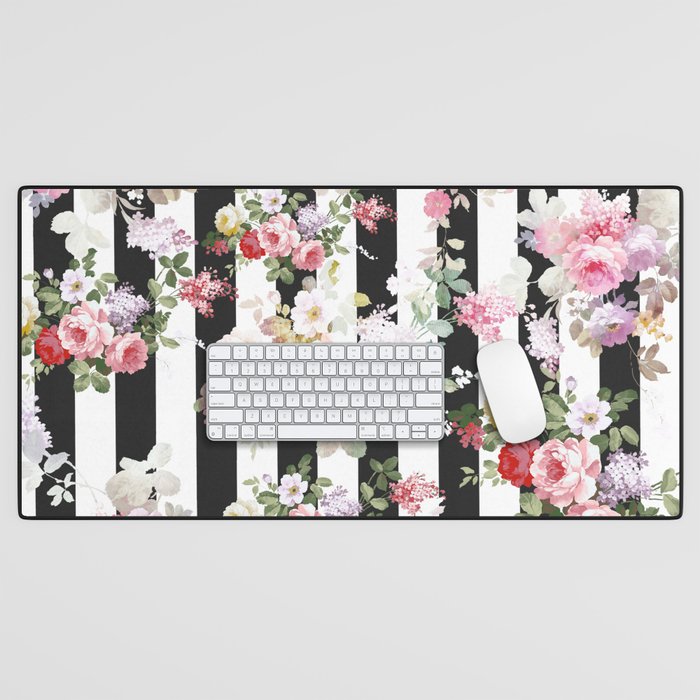 Bold pink watercolor roses floral black white stripes Desk Mat Gallery Image 1