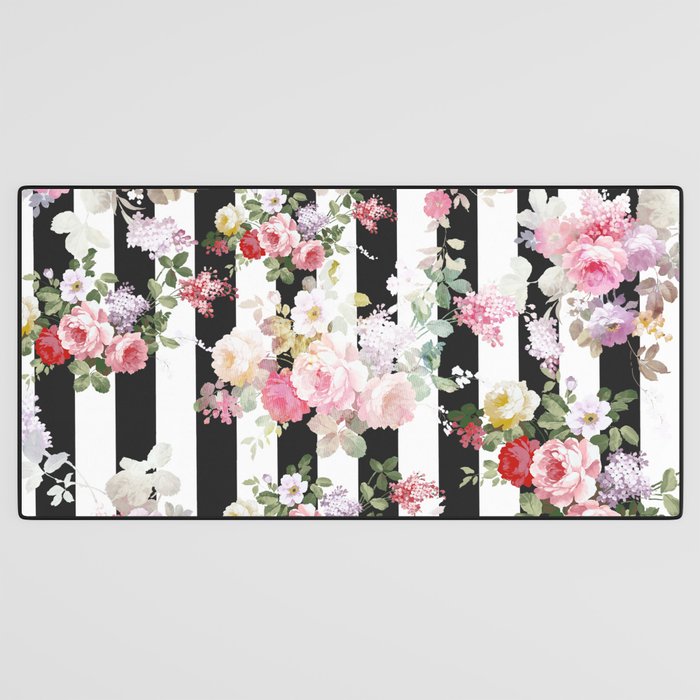 Bold pink watercolor roses floral black white stripes Desk Mat Gallery Image 3